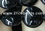 CAA2528 15.5 inches 14mm flat round black agate beads wholesale