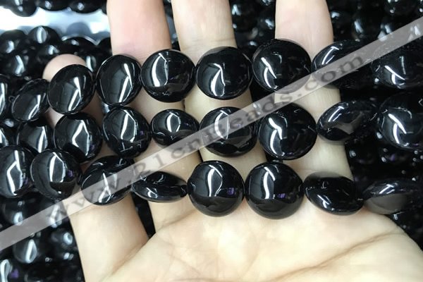 CAA2530 15.5 inches 18mm flat round black agate beads wholesale