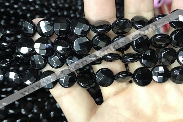 CAA2583 15.5 inches 16mm faceted coin black agate beads wholesale