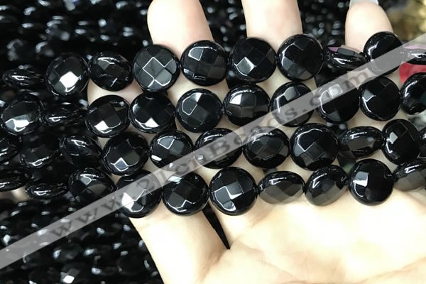 CAA2584 15.5 inches 18mm faceted coin black agate beads wholesale