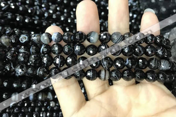 CAA2646 15.5 inches 8mm faceted round banded black agate beads