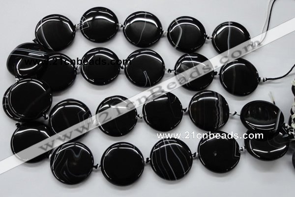 CAA265 15.5 inches 30mm flat round black line agate gemstone beads