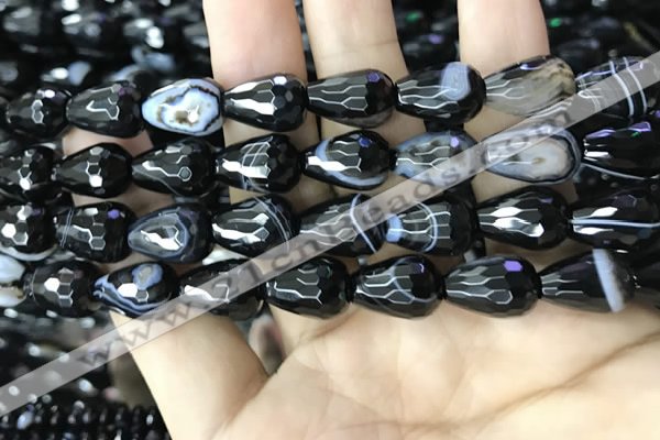 CAA2654 15.5 inches 13*18mm faceted teardrop banded black agate beads