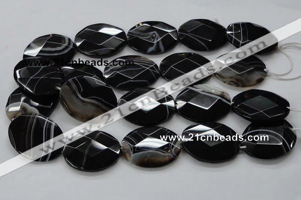 CAA276 15.5 inches 30*40mm faceted oval black line agate beads