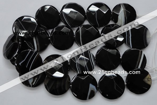 CAA280 15.5 inches 18mm faceted coin black line agate beads