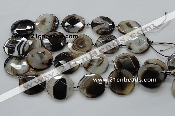 CAA290 15.5 inches 35mm faceted coin black line agate beads