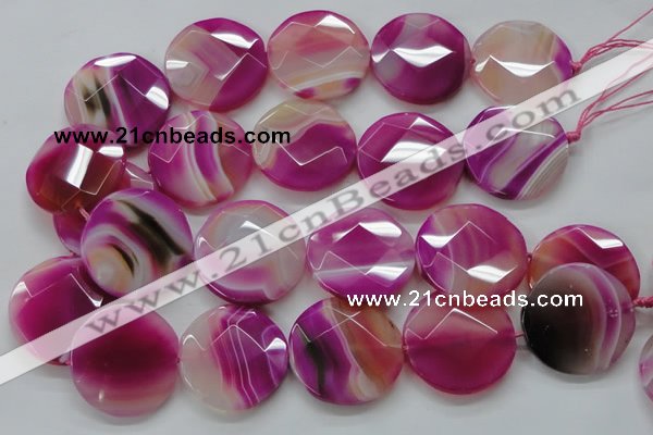 CAA314 15.5 inches 35mm faceted coin fuchsia line agate beads