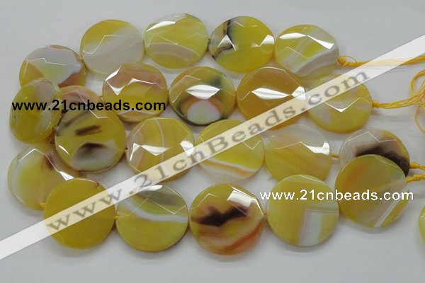 CAA328 15.5 inches 35mm faceted coin yellow line agate beads