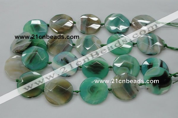 CAA339 15.5 inches 35mm faceted coin green line agate beads