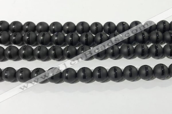 CAA3651 15.5 inches 8mm round matte & carved black agate beads