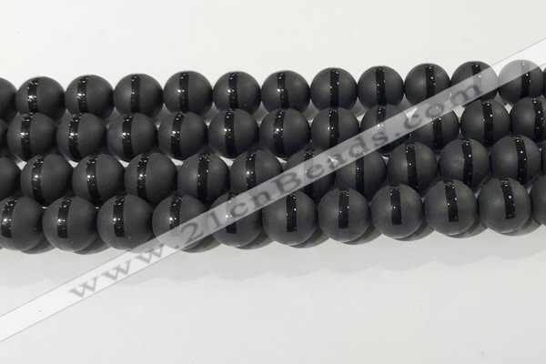 CAA3652 15.5 inches 10mm round matte & carved black agate beads