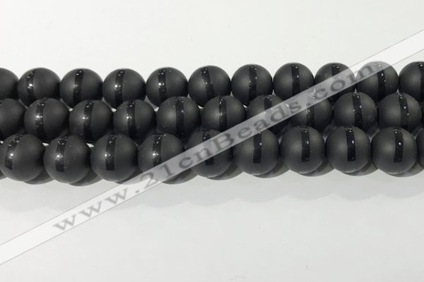 CAA3653 15.5 inches 12mm round matte & carved black agate beads