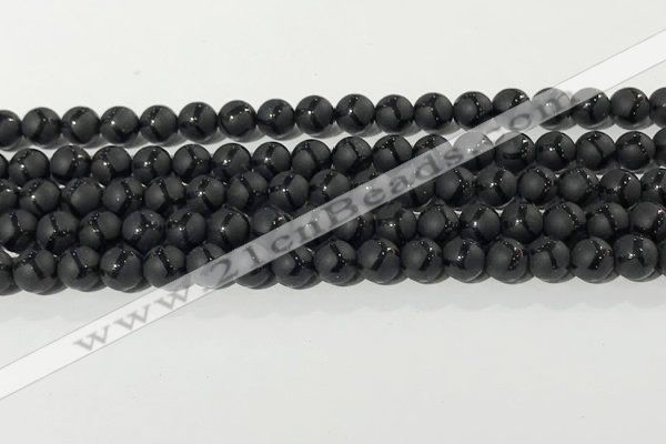 CAA3655 15.5 inches 6mm round matte & carved black agate beads