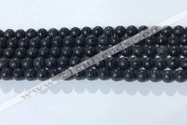 CAA3660 15.5 inches 6mm round matte & carved black agate beads