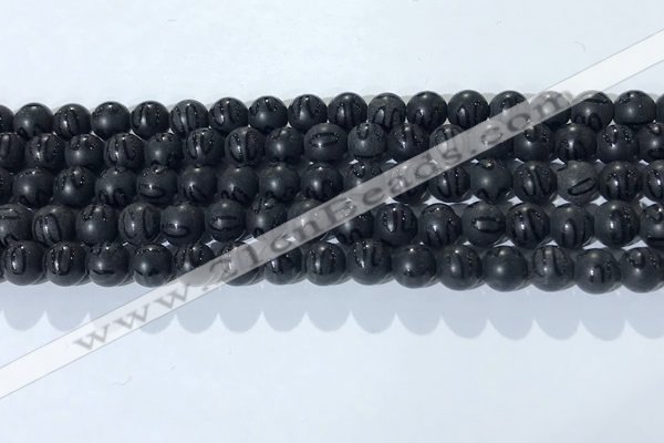 CAA3660 15.5 inches 6mm round matte & carved black agate beads