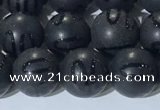 CAA3661 15.5 inches 8mm round matte & carved black agate beads