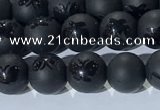 CAA3665 15.5 inches 6mm round matte & carved black agate beads