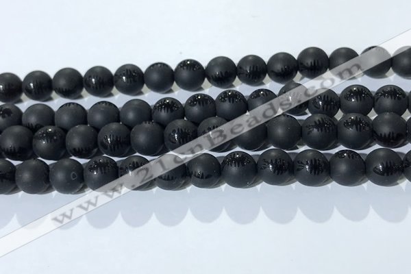 CAA3671 15.5 inches 8mm round matte & carved black agate beads