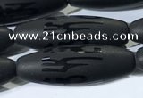 CAA3682 15.5 inches 10*30mm rice matte & carved black agate beads