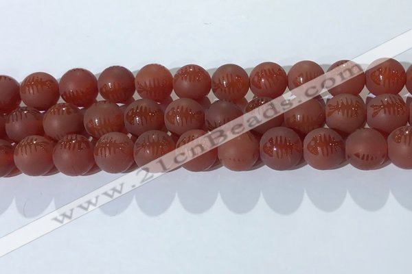 CAA3689 15.5 inches 12mm round matte & carved red agate beads