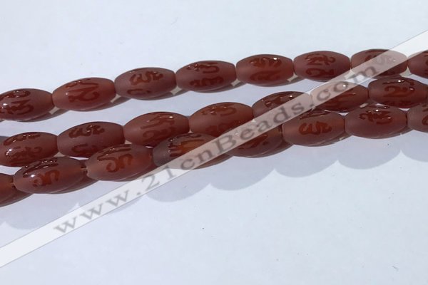 CAA3692 15.5 inches 8*16mm rice matte & carved red agate beads