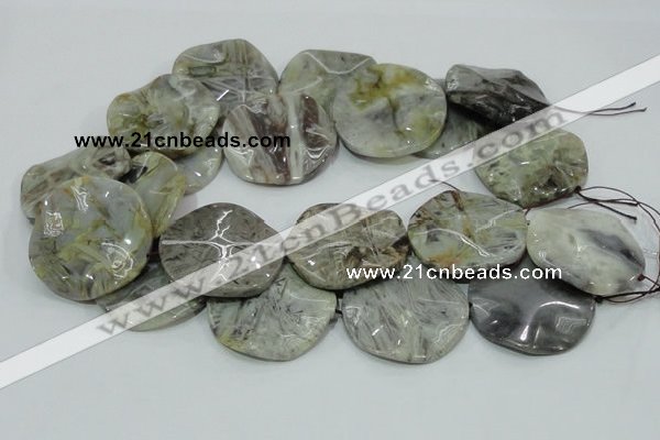 CAB572 15.5 inches 40mm wavy coin silver needle agate gemstone beads