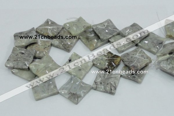 CAB584 15.5 inches 30*30mm wavy diamond silver needle agate beads