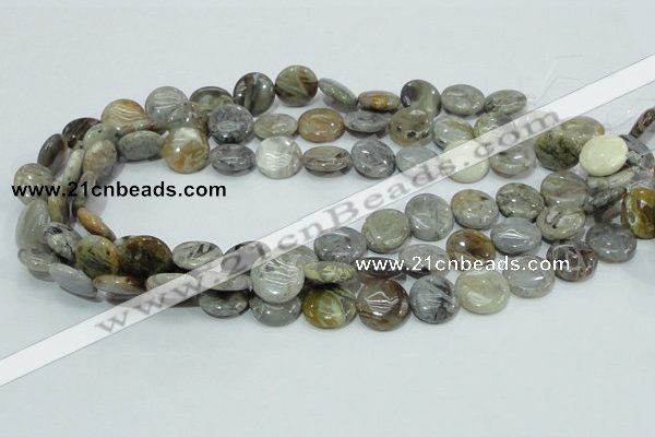 CAB75 15.5 inches 15mm flat round silver needle agate gemstone beads