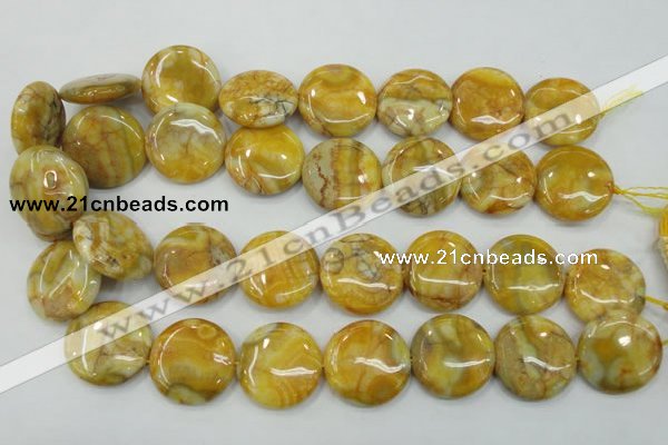 CAB945 15.5 inches 25mm flat round yellow crazy lace agate beads