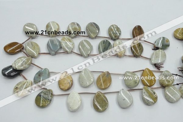 CAB953 18*25mm top-drilled twisted teardrop ocean agate gemstone