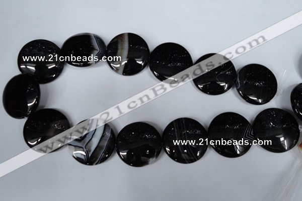 CAG2999 15.5 inches 30mm flat round black line agate beads