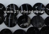 CAG3073 15.5 inches 14mm faceted coin black line agate beads