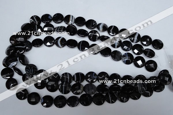 CAG3073 15.5 inches 14mm faceted coin black line agate beads