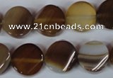 CAG3151 15.5 inches 14mm twisted coin brown line agate beads