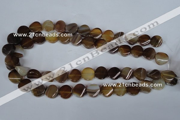 CAG3151 15.5 inches 14mm twisted coin brown line agate beads