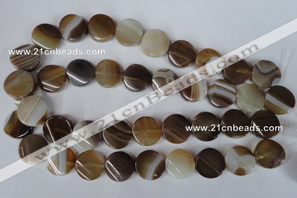 CAG3154 15.5 inches 20mm twisted coin brown line agate beads