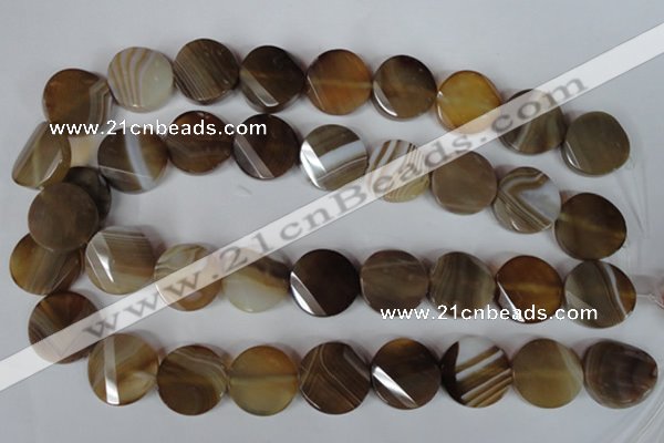 CAG3160 15.5 inches 20mm faceted & twisted coin brown line agate beads