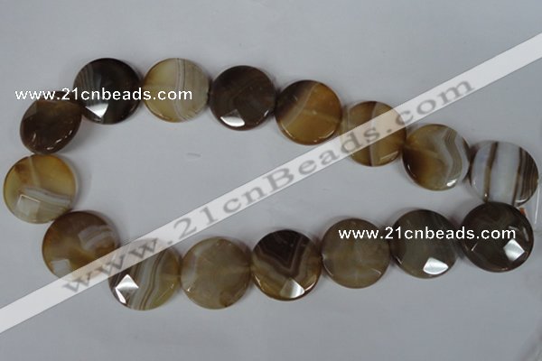 CAG3168 15.5 inches 25mm faceted coin brown line agate beads