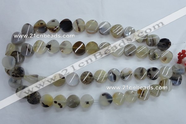 CAG3314 15.5 inches 14mm twisted coin natural grey agate beads