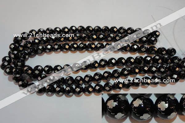 CAG3353 15.5 inches 10mm carved round black agate beads wholesale