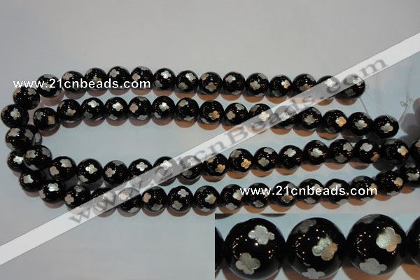 CAG3354 15.5 inches 12mm carved round black agate beads wholesale