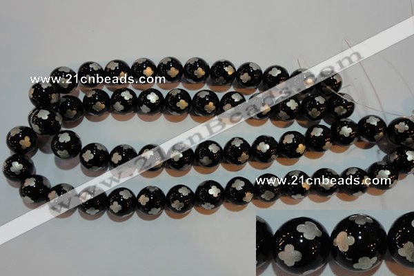 CAG3355 15.5 inches 14mm carved round black agate beads wholesale