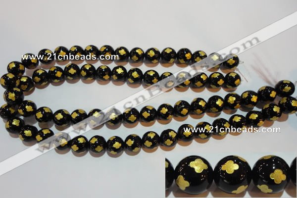 CAG3364 15.5 inches 12mm carved round black agate beads wholesale