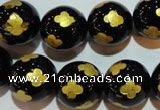 CAG3365 15.5 inches 14mm carved round black agate beads wholesale