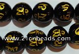 CAG3375 15.5 inches 14mm carved round black agate beads wholesale