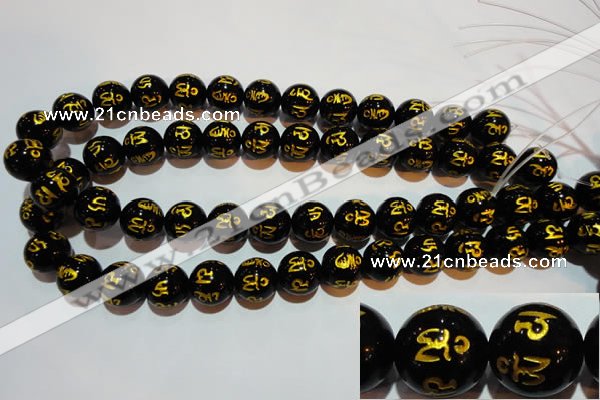 CAG3375 15.5 inches 14mm carved round black agate beads wholesale