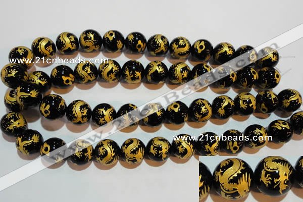 CAG3383 15.5 inches 16mm carved round black agate beads wholesale