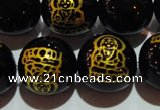 CAG3387 15.5 inches 14mm carved round black agate beads wholesale