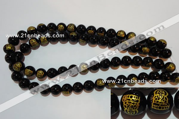 CAG3387 15.5 inches 14mm carved round black agate beads wholesale