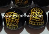 CAG3388 15.5 inches 16mm carved round black agate beads wholesale